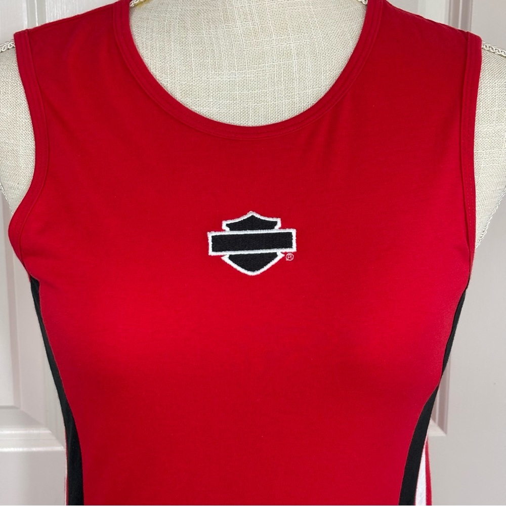 Harley Davidson Red Tank Top Bar & Shield Feel The Heat Logo Racing Stripes Sz M - Picture 2 of 10